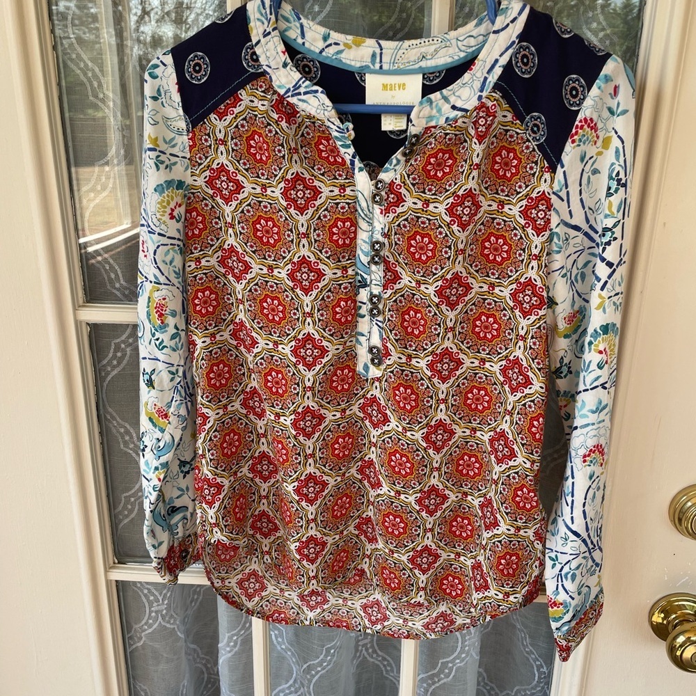 Maeve Anthropologie Mosaic Print Henley Blouse Size XS Boho Mixed Pattern 🌿✨
